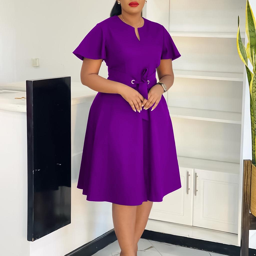 Office Ladies Dresses Short Sleeve Plus Size Xxxl Pleated Mid Calf Fashion Professional Female Dress