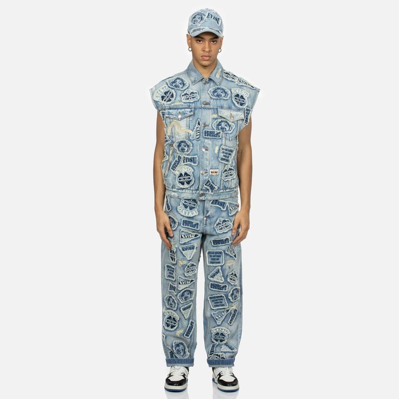 Evisu Multi Badge Distressed Wide Denim Vest Men Vests 2ESHTM4VS8109LFDN
