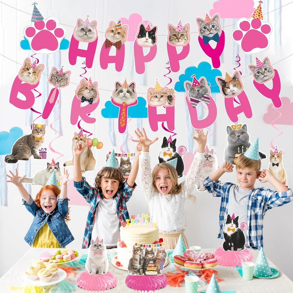 Cat Birthday Party Hanging Swirls - NOVBAUB 20PCS Lovely Pink Cat Birthday Party Supplies Honeycomb Centerpieces Cute Cat Theme Birthday Party
