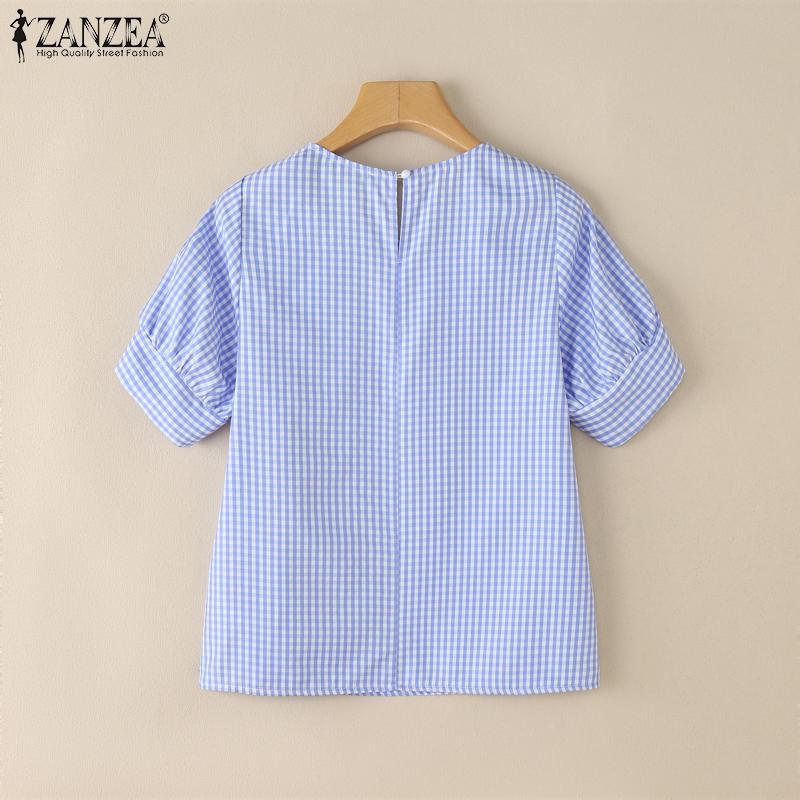 ZANZEA Women Square Collar Short Sleeve Casual Grid Print Blouse