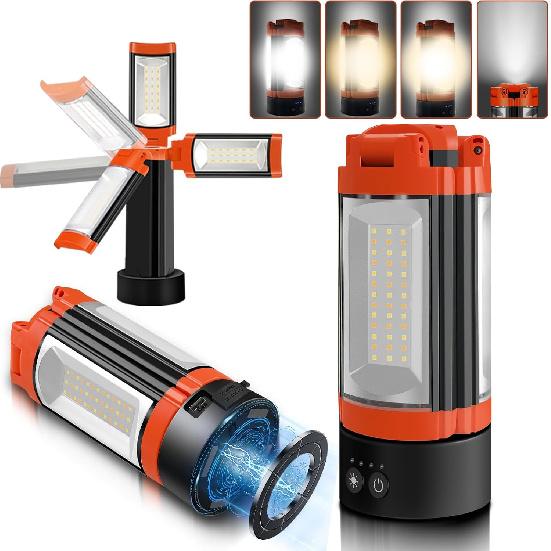 Rechargeable 12000mAh Camping Light with Adjustable Stand | Cordless Work Light with 3 LED Lamp Heads, 2200 Lumens Dimmable Magnetic Emergency