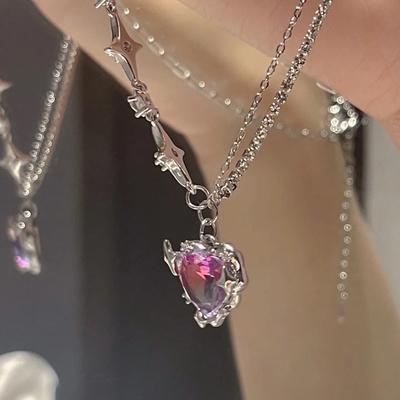 Y2K Lila Kristall Herz Anhänger Halskette Frauen Licht Luxus Egirl Punk Grunge Schlüsselbein Kette Mode Schmuck Party Geschenke