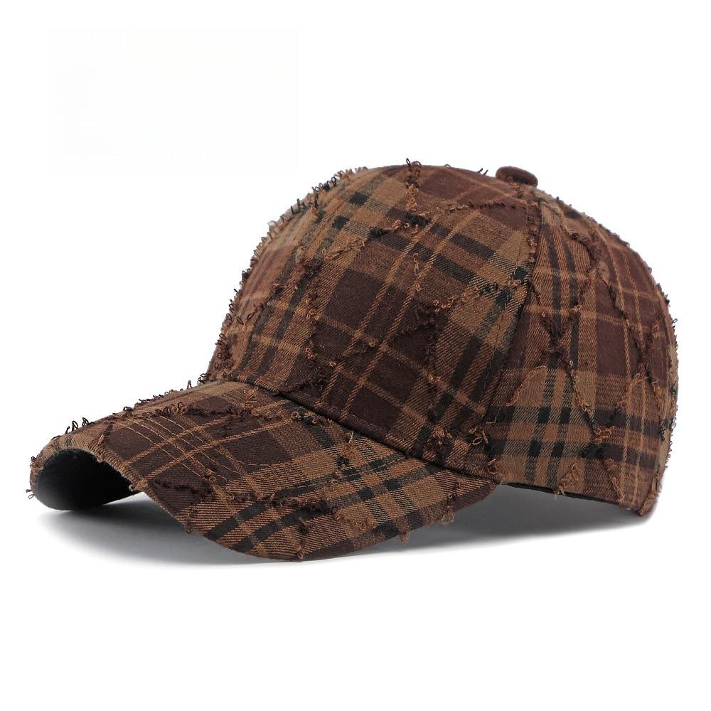 Unisex Vintage Plaid Baseball Cap, Distressed Frayed Brim Diamond Stitching, American Retro Casual Duckbill Hat