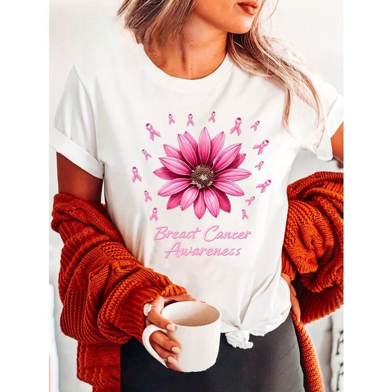 

Breast Cancer Awareness Print T-shirt, Short Sleeve Crew Neck Casual Top for Summer & Spring, Women s Clothing S белый