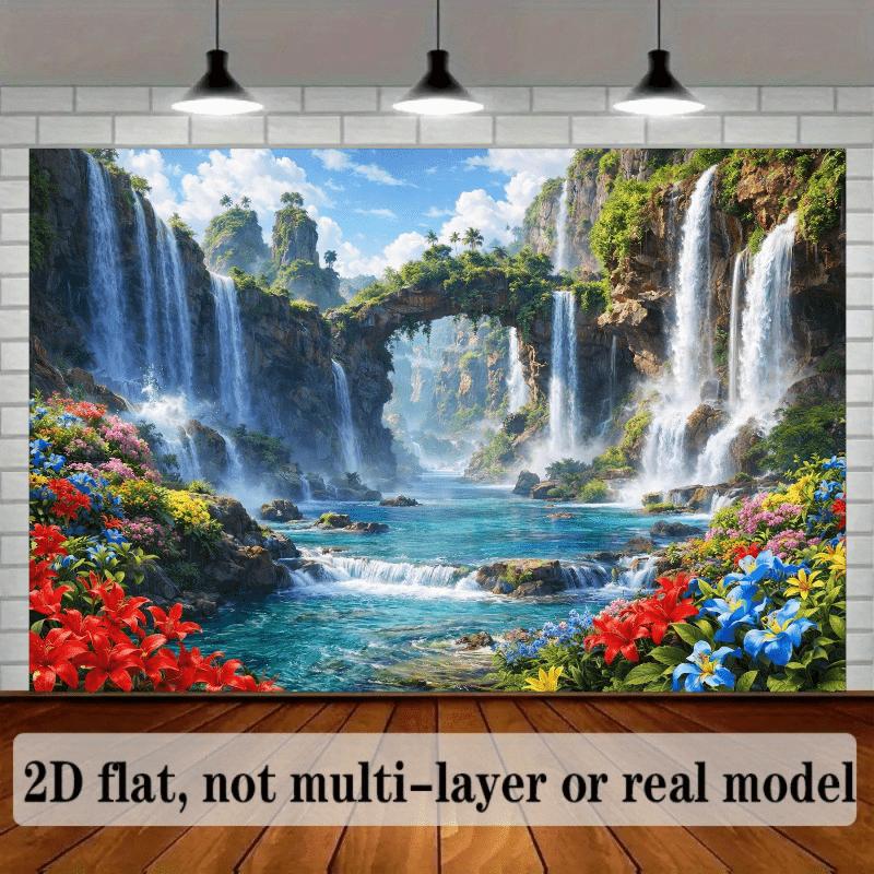 2D planar natural landscape banner background featuring mountains and waterfalls as the main theme with multiple waterfalls