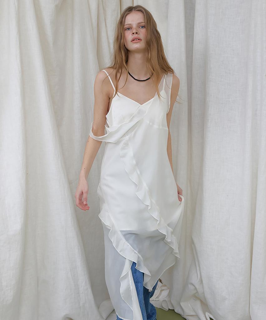Lonkeu Ruffle Lace Sleeveless Cami Top Layered Dress (Ivory)