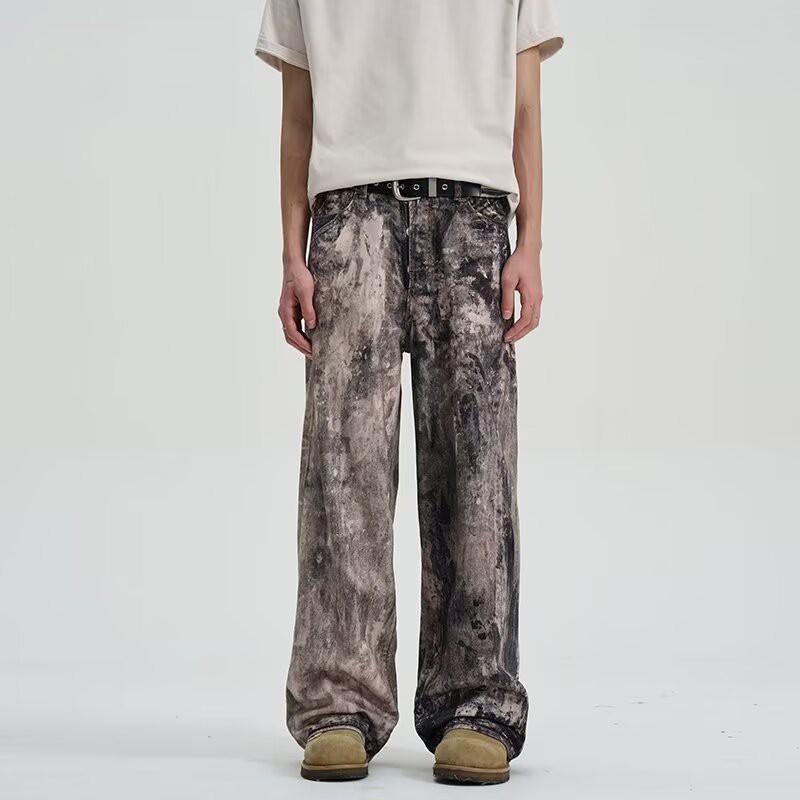 Mens Vintage Streetwear Denim Jeans High Waist Loose Fit Button Fly Straight Leg Cotton Rigid Raw Selvedge