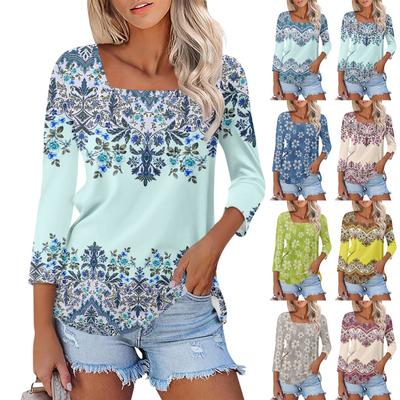 Camisa Floral Feminina Manga 3/4 Decote Quadrado Casual Solta Túnica
