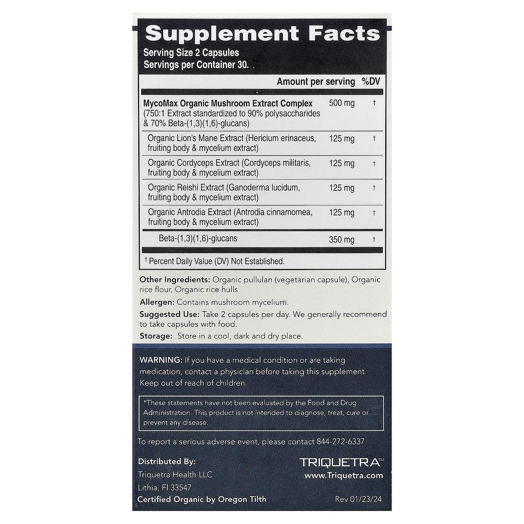 Triquetra Health, MycoMax®, Mushroom Extract Complex, Maximum Strength, 60 Capsules
