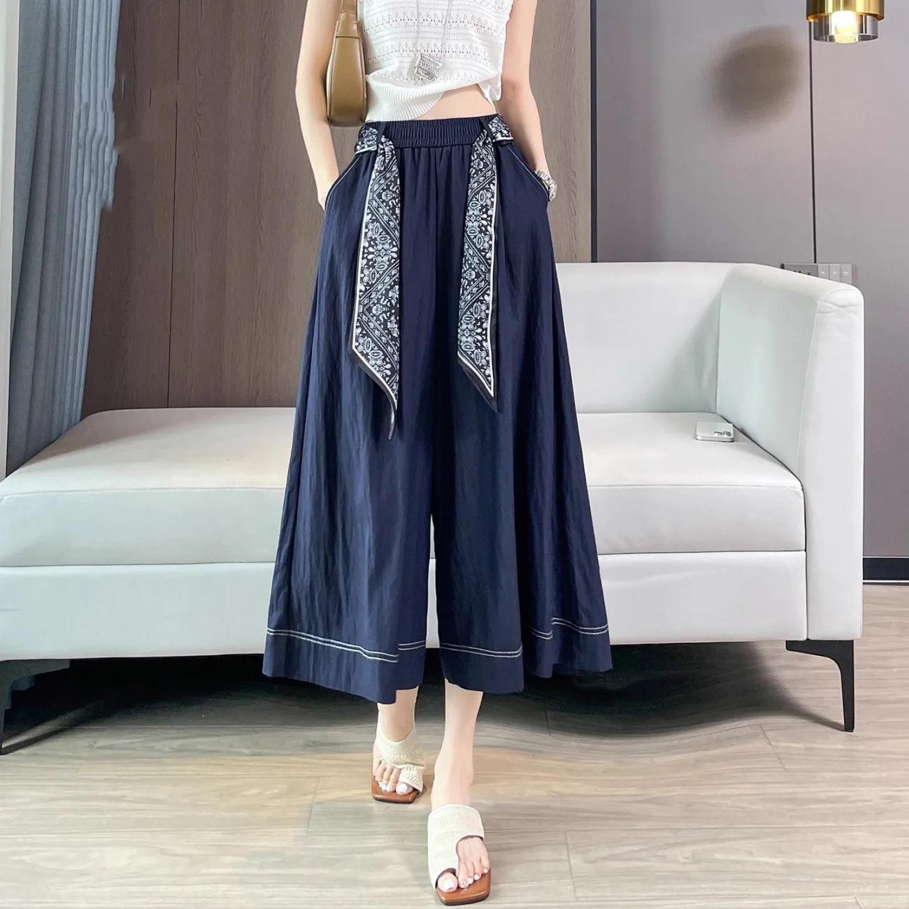 Women S High Waist Wide Leg Cropped Skirt Pants Summer Thin Blue Denim Style S