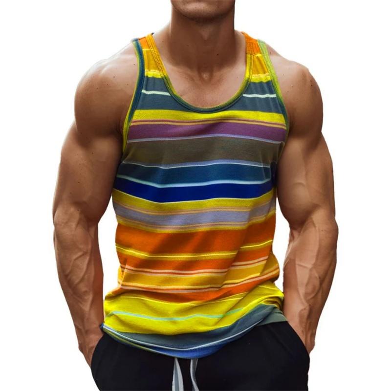 Bunte Streifen Tanktops Für Mann Farbverlauf Muster T-Shirts Sommer Lässig Mode Weste Übergroß Sport Street Tank Top