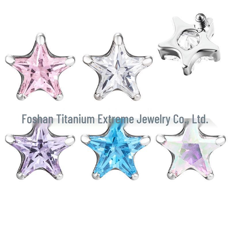 Titanium F136 Alloy Stud Earrings: 5A Zirconia Star Ear, Cartilage, Cochlea, Lip Piercing Jewelry.
