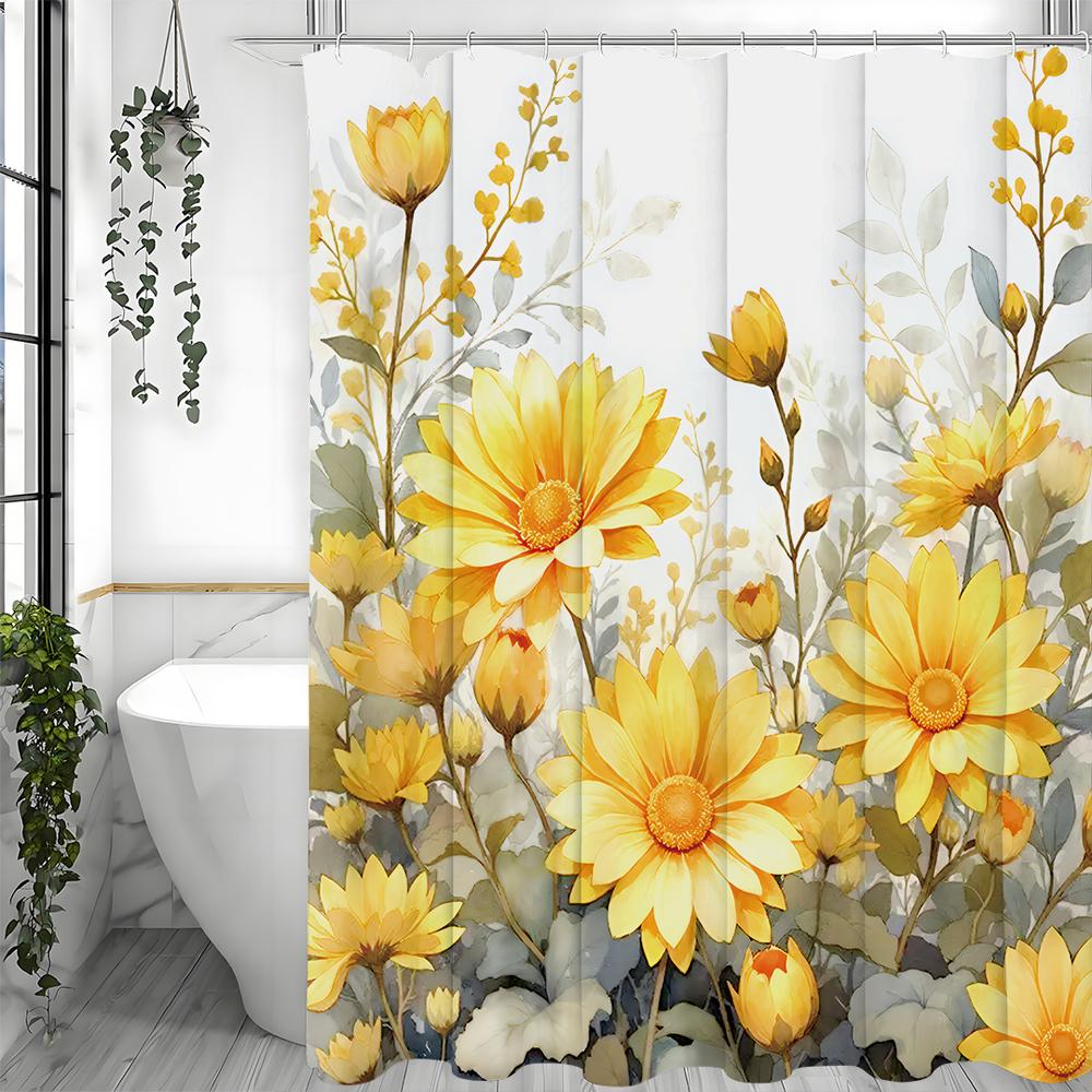 Yellow Floral Shower Curtain, Bathroom Decorative Shower Curtain, Waterproof Shower Curtain with Hooks
