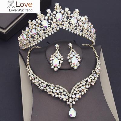 Purple Crystal Bridal Jewelry Sets for Women Wedding Crown Earring Tiaras Necklace Set Prom Bride Dubai Jewelry Sets