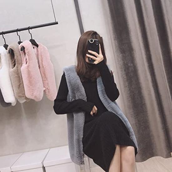 Lucky Lemon Fur Sleeveless Long Plus Sizes Women's Vest, Coat, Vest, Warm, Fluffy, Slimming, (Gray, XL)