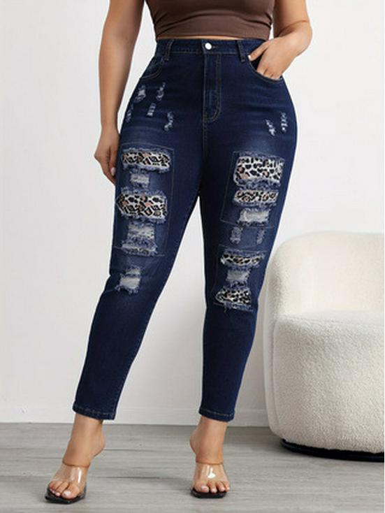 2025 Women s Plus Size Leopard Print Ripped Skinny Jeans with Frayed Hem 5XL