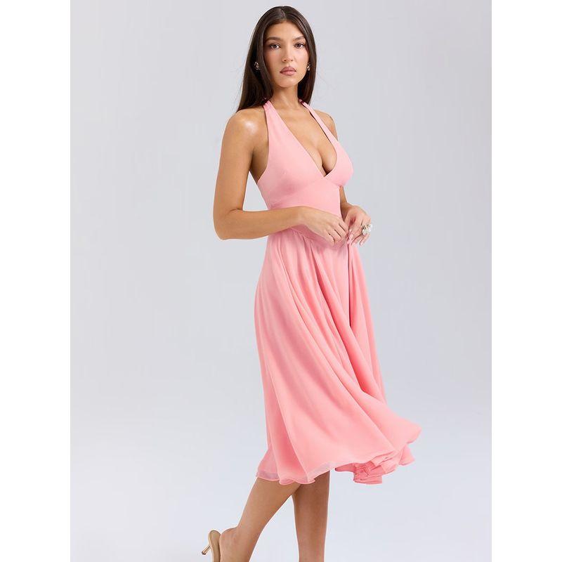 Peach Blossom House Same Style French Atmosphere Peach Pink Deep V Neck Sexy Halter Mid Length Long Length Dress