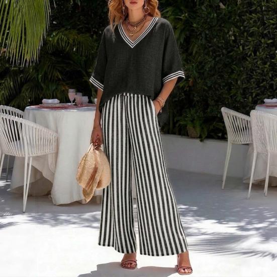 Summer Two Piece Outfit for Women Striped Short Sleeve V Neck Top And Wide Leg Pants Set with Pockets Casual Vacation Lounge Sets
