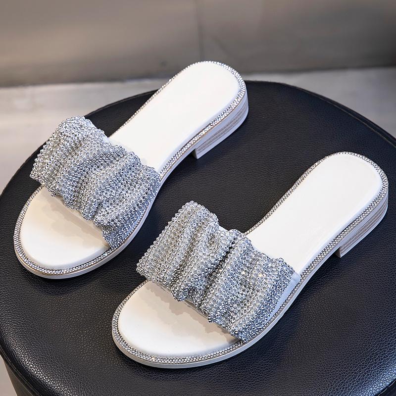 Rhinestone Cool Slippers for Women To Wear 2025 New Summer Women's Fashion Versatile Women's Shoes One-word Drag Thick Heel Shoes Drag Women