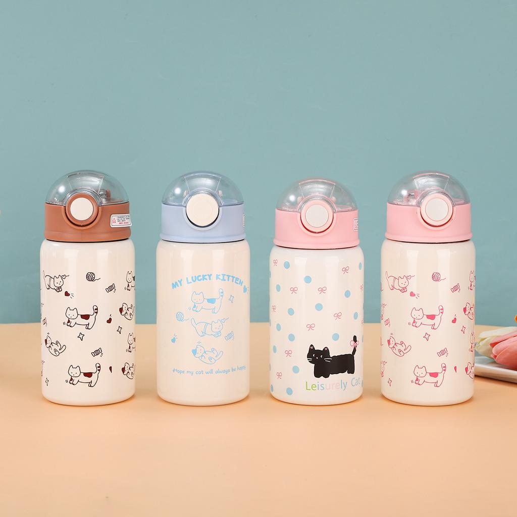 New Cartoon Kitten Pattern Straw Cup Stainless Steel Vacuum Cup Outdoor Portable Cup