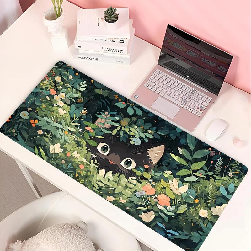 Wolken Schwarze Katze Mauspads PC Grüne Pflanzen Blume Gaming Tastatur Teppich Laptop Kawaii Anime Gamer Schrank Mauspads XL Niedliche Schreibtischmatte