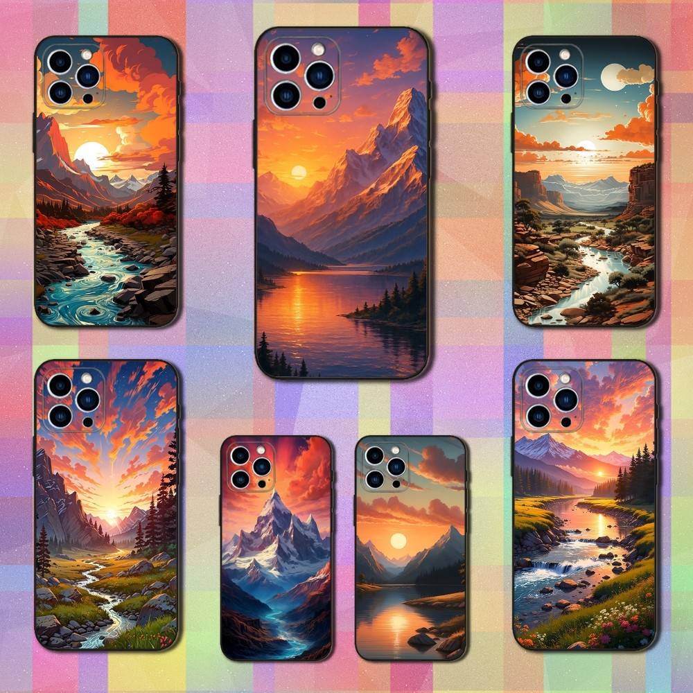 Painting Art River Case For iPhone 12,14,15,16,17,13,11,X,Mini,Plus,Pro Max,8,7,XR,SE,XS,Soft Silicone Black