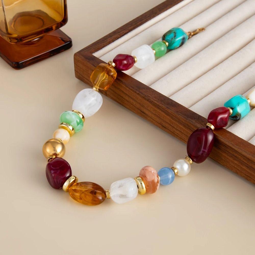 Stone Colorful Resin Necklace Bead Clavicle Chain Creative Beads Short Choker  Women
