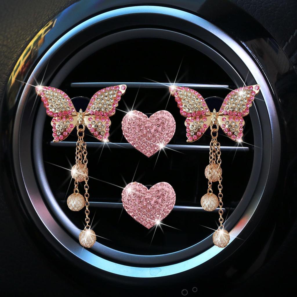 Pink Heart & Butterfly Air Vent Clips, 4 Pcs Bling Heart & Butterfly Air Fresheners Vents Clips Diamond Car Interior Decor Bling Cute Pink Car