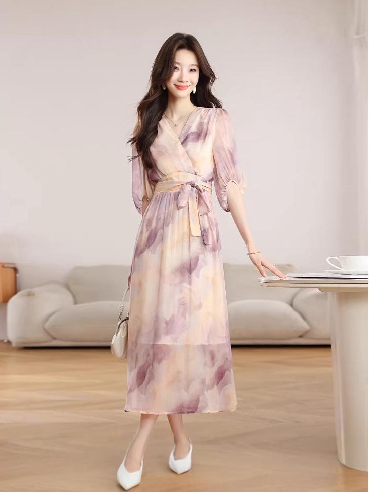 Women's Korean Floral Print Lace-up Tea Dress – Slimming Summer Design