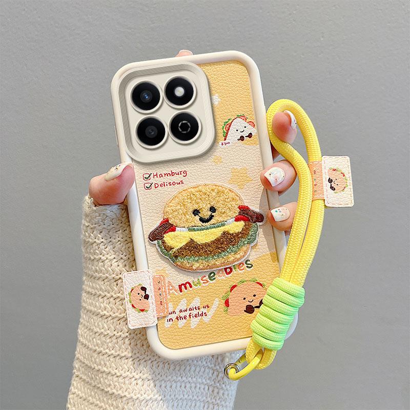 KEYSION Cartoon Cute Plush Embroidery Case for HONOR 200 Smart 5G with Lanyard Shockproof Phone Back Cover for Huawei Honor X7c