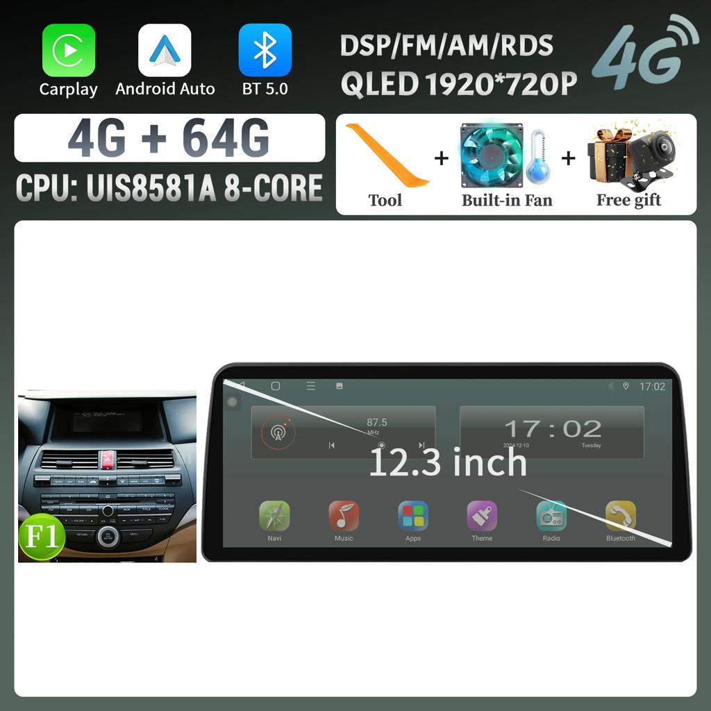 12.3inch Android For Honda Accord 2008-2012 Car Radio Multimedia Navigation 4G GPS Wireless BT CarPlay Touch Head Unit Screen