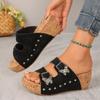 Foreign Trade Large Size Butterfly Buckle Slope Heel Slippers Women's Outer Wear Summer European and American Fashion Versatile Thick-soled Slippers