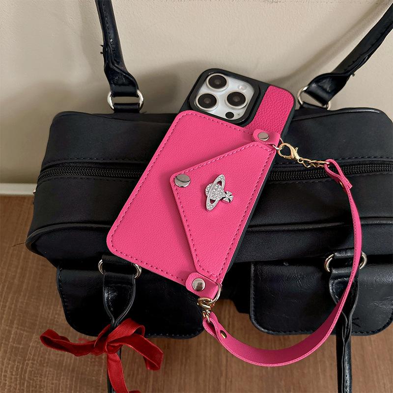 For Apple 16promax Rhinestone Button Wallet Mobile Phone Case for IPhone15 Portable Card Bag Planet Female New Model