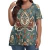 Women's Fashion Casual V-Neck Pullover Short Sleeve Large Size Vintage Printed Top
