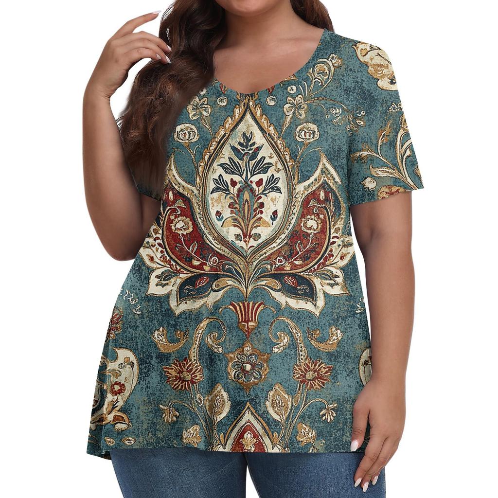 Women's Fashion Casual V-Neck Pullover Short Sleeve Large Size Vintage Printed Top