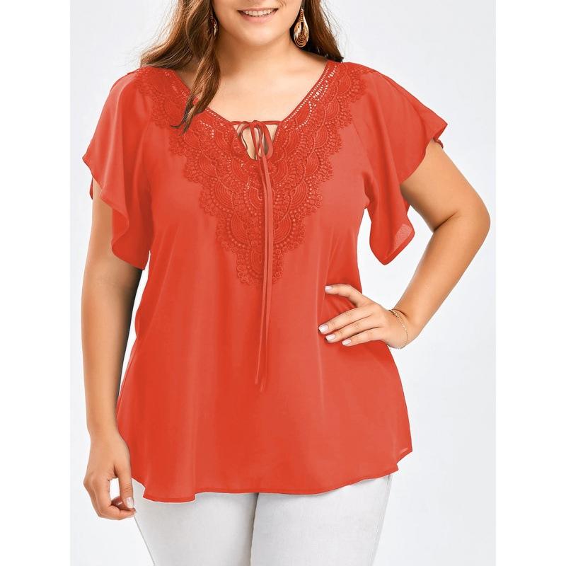 Lace V Neck Loose Women Blouse Large Size Lace-up Short Sleeve Shirts Ladies Solid Color Loose Sweet Office Elegant Fashion Simple Clothing