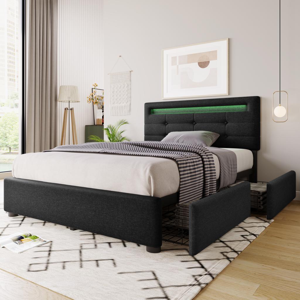Bed Frame with LED Lighting, 2 Drawers, Single Upholstered Bed 90x200cm, Height-Adjustable Headboard, Wooden Slatted Frame, Black (Without Mattress)
