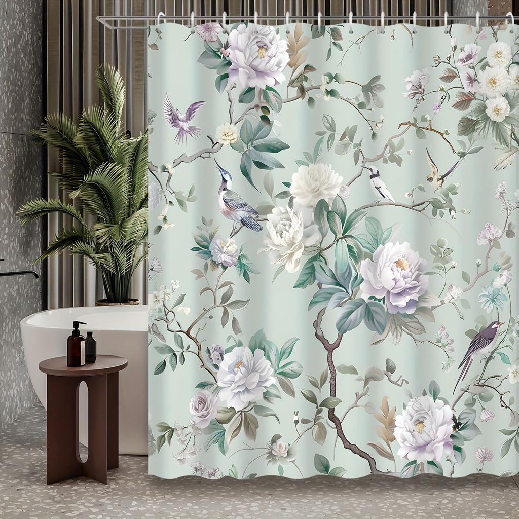 1pc Chinese style elegant classical peony branch magpie shower curtain, decorative print shower curtain with hook