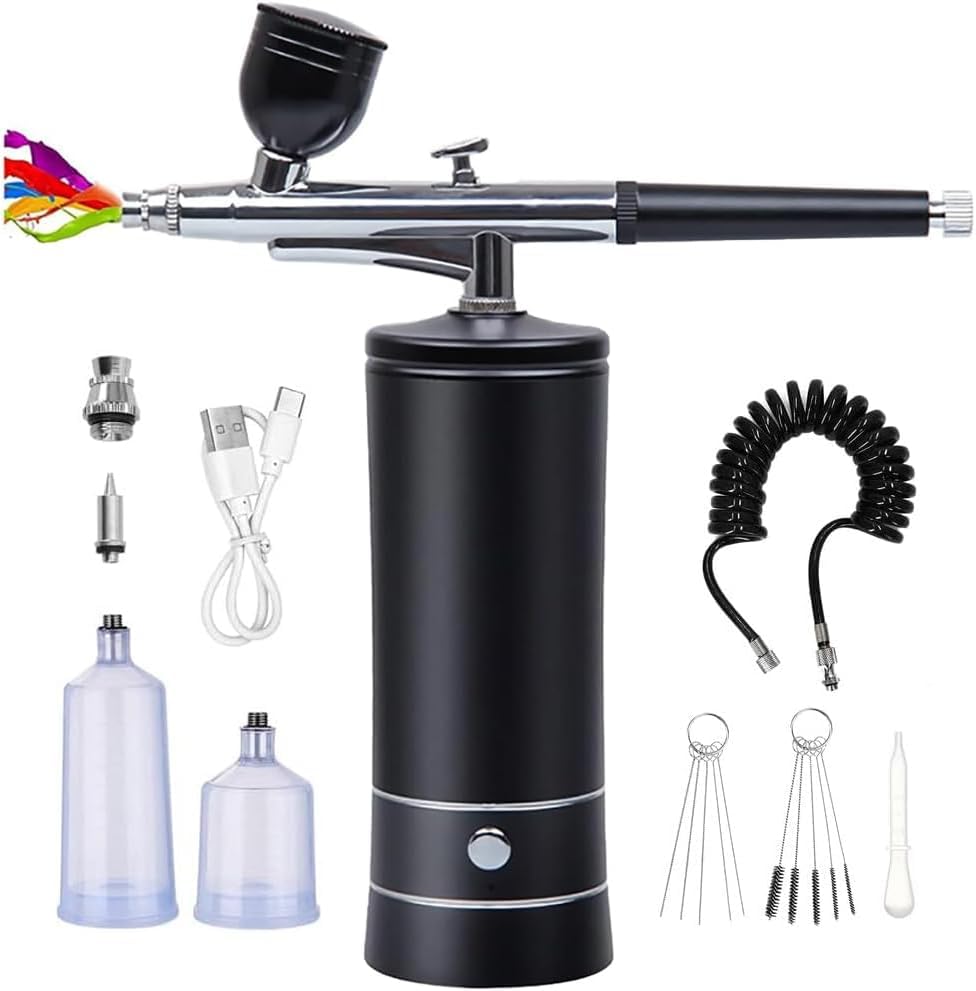 BKJANYO Rechargeable Airbrush Compressor with USB Type-C, 0.3mm Nozzle, for Airbrush Painting, DIY, and Painting (Black)
