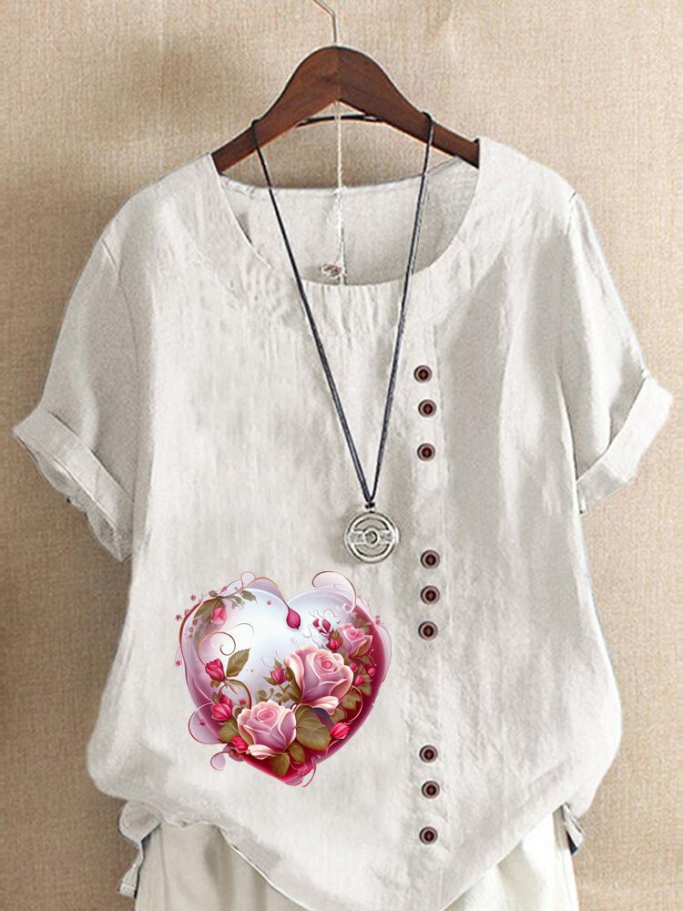 Women's Fashion Love Shaped Pattern Print Shot Sleeve T-shirt Loose Cotton Shirt Casual Loose Summer Plus Size Blouse Tops