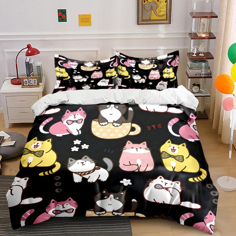 Cute Cat Pattern Decoration Set Bedding Set with 1 Duvet Cover 2 Pillowcases Single Double King Queen, Gift