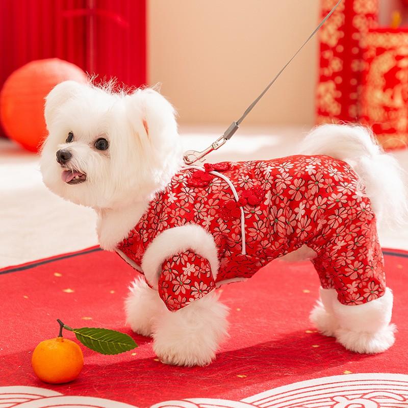 Red Bamboo Leaf Floral Print Cotton Dog Coat With Toggle Buttons Small Breeds Like Bichon Frise Teddy