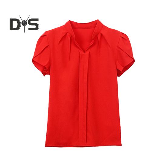 Summer Chiffon Shirt Stand Collar V-neck Petal Short Sleeve Pullover Tops Solid Color Thin Women Blouse Workwear