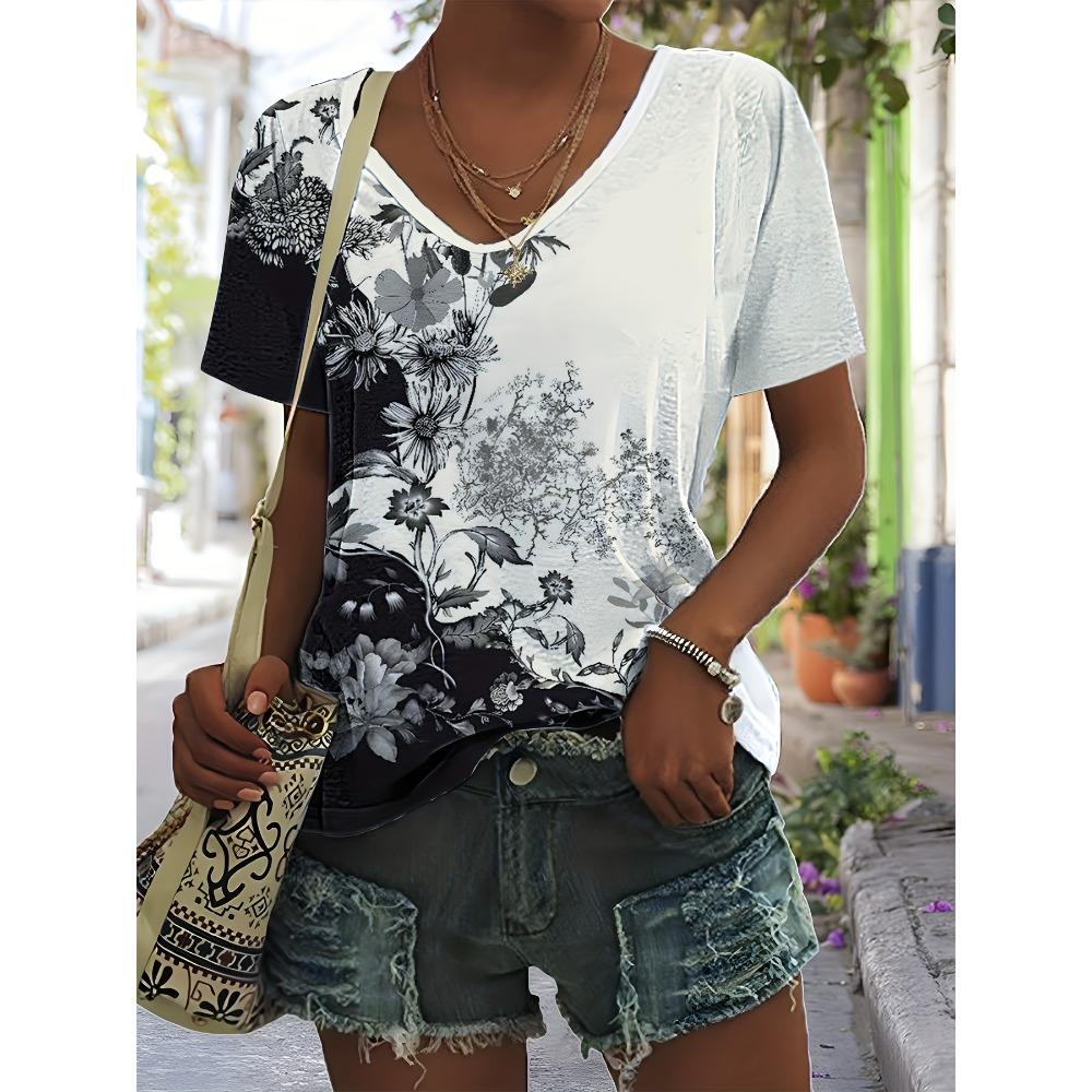 

Women s Western-Style Retro Print Short-Sleeve T-Shirt — Casual Ethnic-Style Short-Sleeve Top S