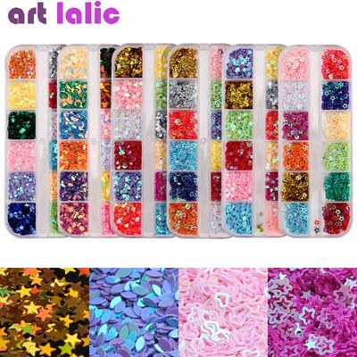 Decorazione per unghie con paillettes, barca, fiore, cuore, stella, fai da te, a forma cava, con punte glitterate