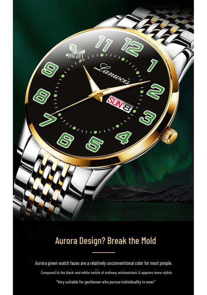 Men's Large Dial Digital Quartz Watch, Steel Band, Dual Calendar In English & Chinese, Waterproof - Ideal for Seniors