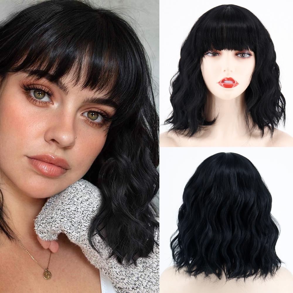 MERISIHAIR Brązowe krótkie peruki Bob Wave z grzywką Blond dla kobiet Naturalne odporne na ciepło syntetyczne peruki Codzienne noszenie Cosplay Kręcone włosy