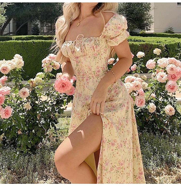 French Floral Print Sleeveless Midi Dress With Side Slits For Summer Casual Women