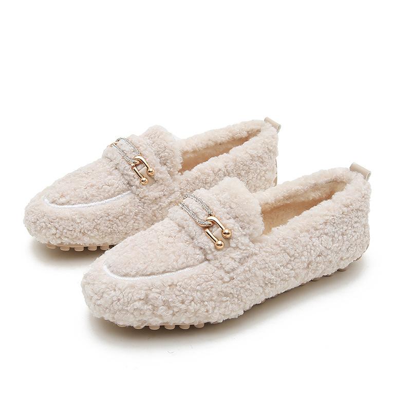 Luxuriöse mit Schaffell gefütterte Loafer Damen Lammwollschuhe Damen Winter Slipper Fellige Flats Baumwolle Wolle Mocasine Femme Barfußstiefel