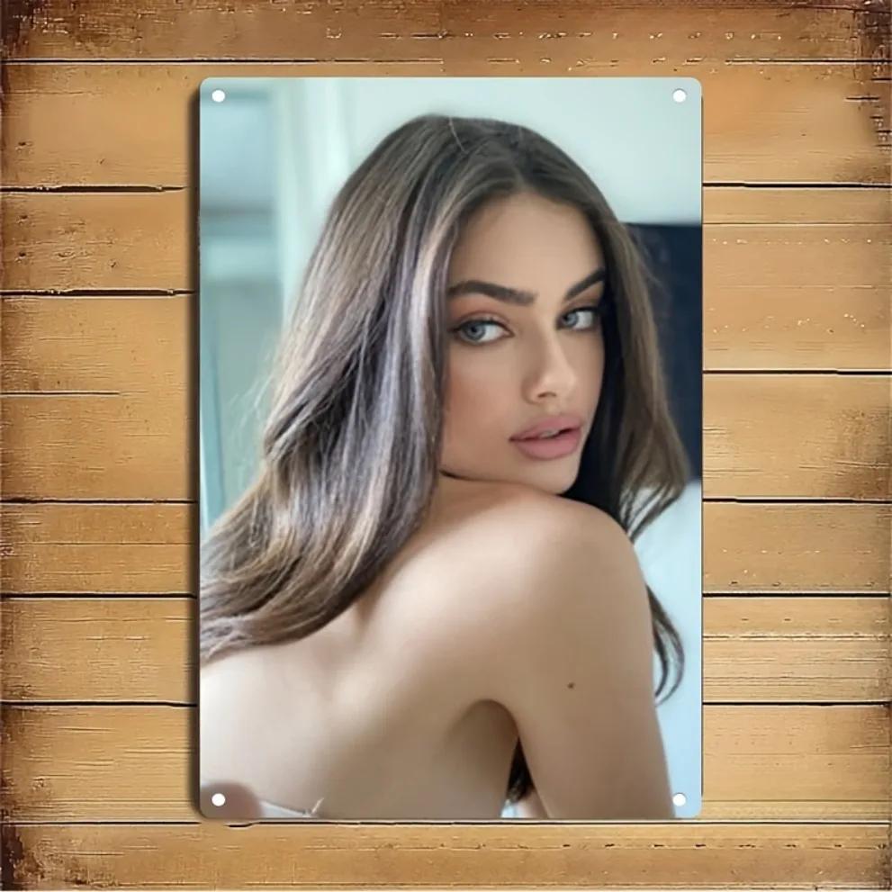 Iron Metal Wall Art Decor - Elegant Woman Face Portrait with Brown Hair Green Eyes, Home Cafe Bar Sign Christmas Gift